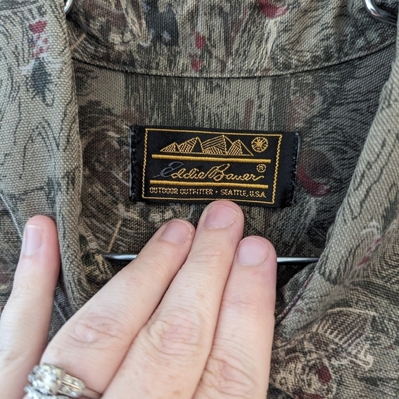 Vintage Eddie Bauer Canvas Hunter Western Pioneer Print Button Down Shirt - Picture 14 of 14